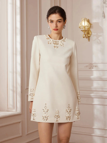Crystal-Sewn Long-Sleeve Cocktail Mini Dress