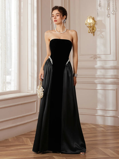 Crystal Pleated Strapless Maxi Dress
