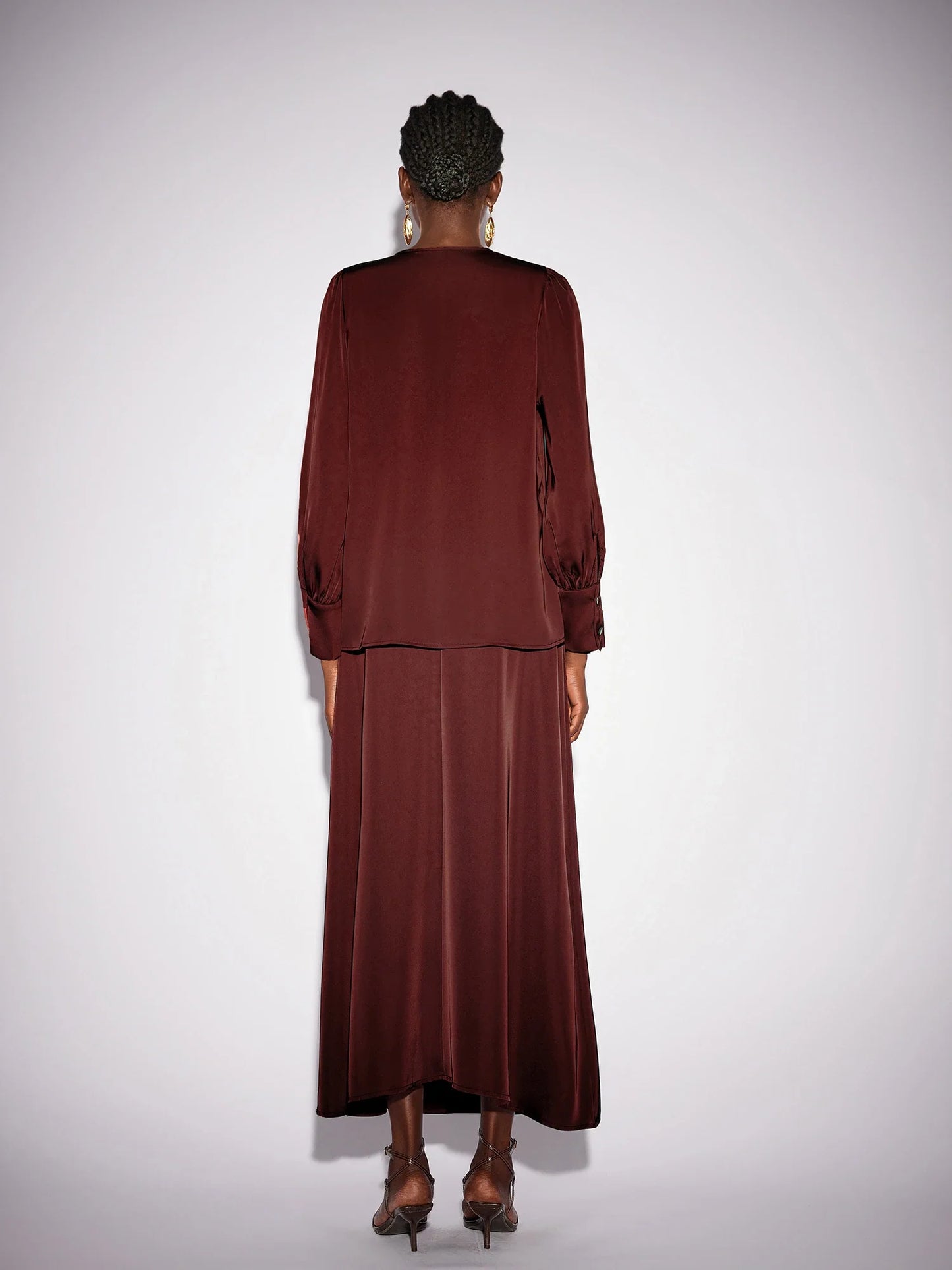Dark Red V-Neck Long Sleeve Two-Piece Set