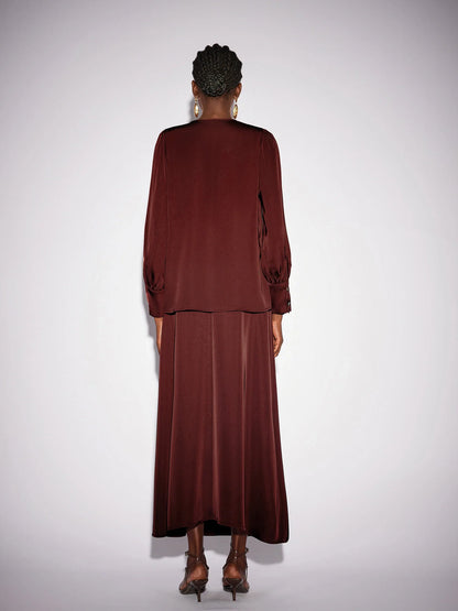 Dark Red V-Neck Long Sleeve Two-Piece Set