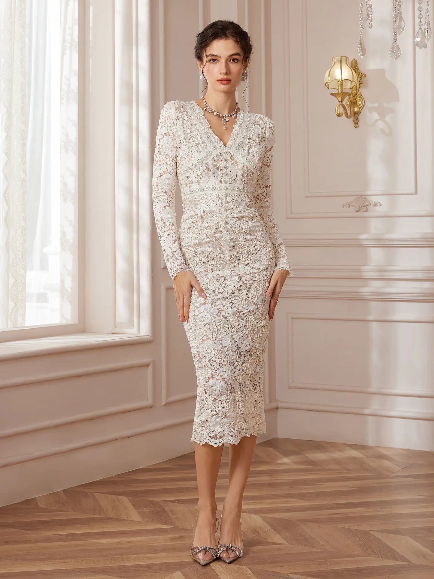 Embellished Lace Mermaid Midi Dress