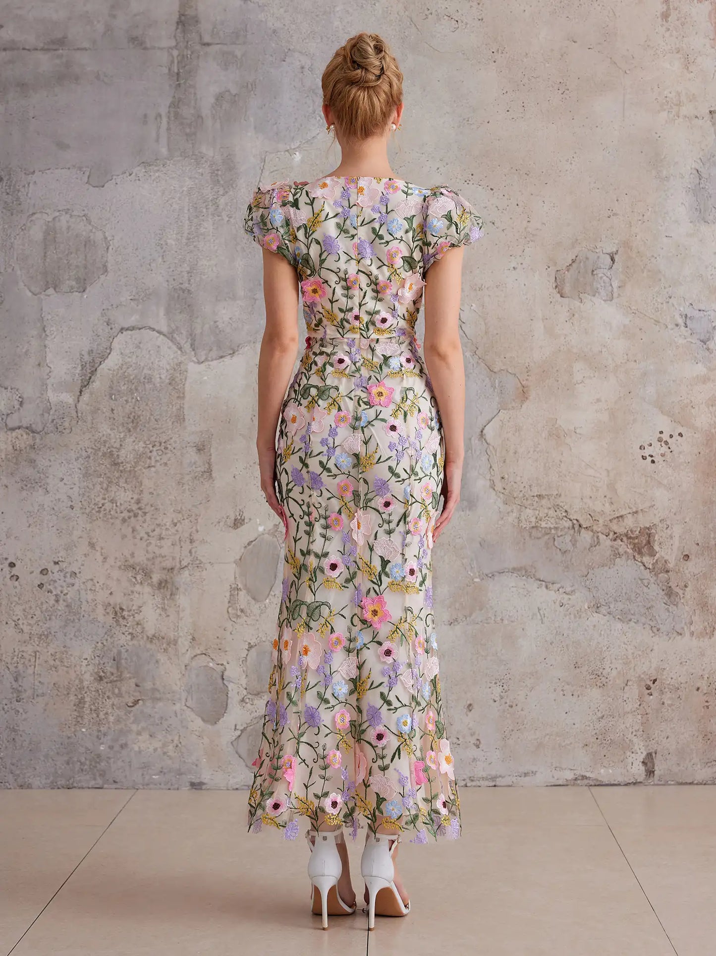 Mesh Maxi Dress with Colorful Floral Embroidery