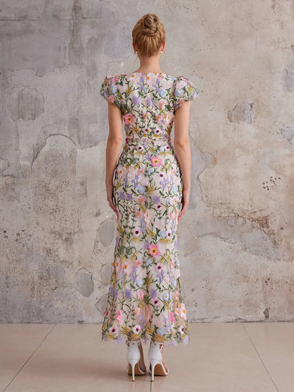 Mesh Maxi Dress with Colorful Floral Embroidery