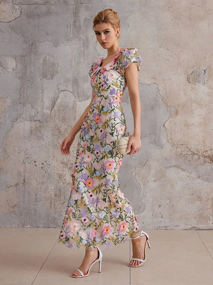 Mesh Maxi Dress with Colorful Floral Embroidery
