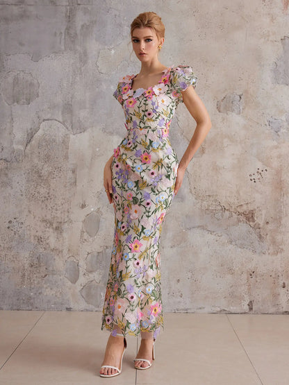 Mesh Maxi Dress with Colorful Floral Embroidery
