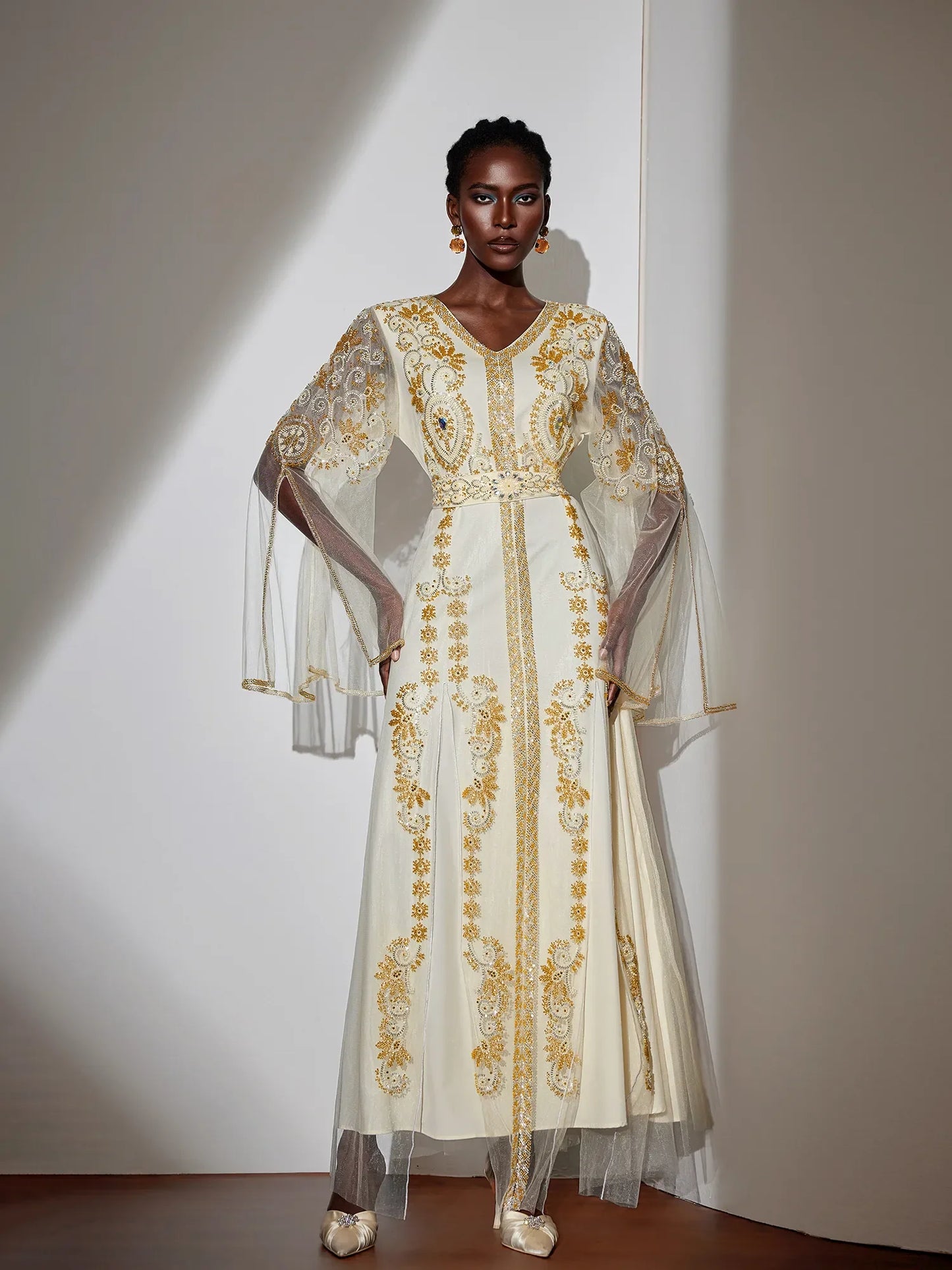 Embroidered Gold Beaded Mesh Maxi Dress