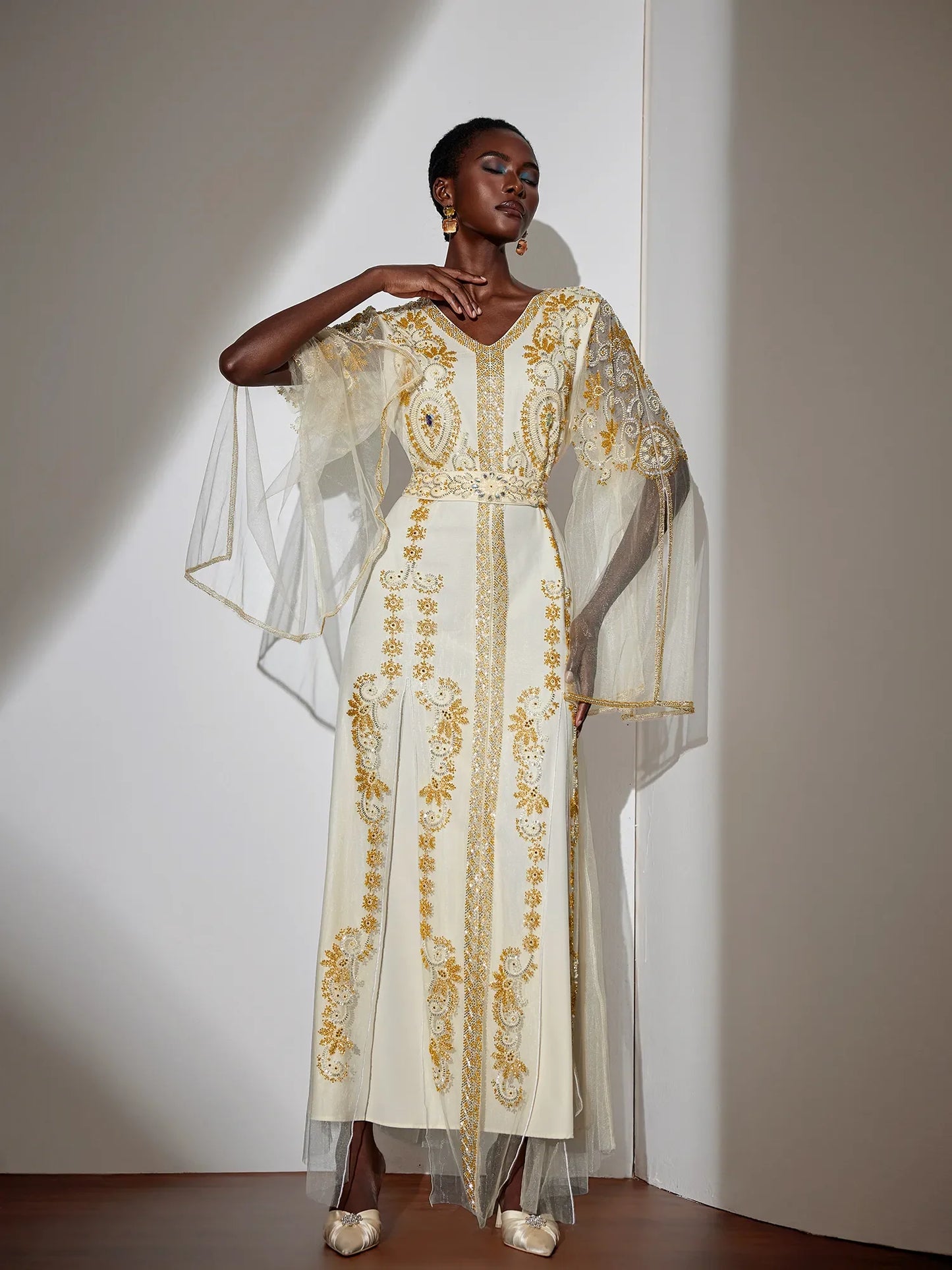 Embroidered Gold Beaded Mesh Maxi Dress