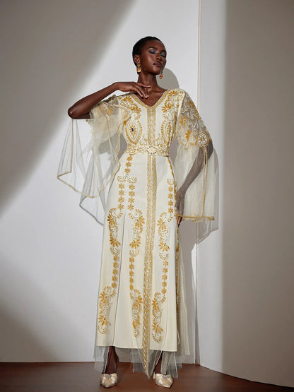 Embroidered Gold Beaded Mesh Maxi Dress