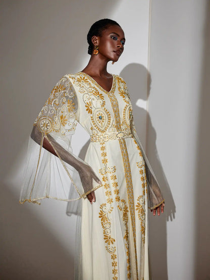Embroidered Gold Beaded Mesh Maxi Dress