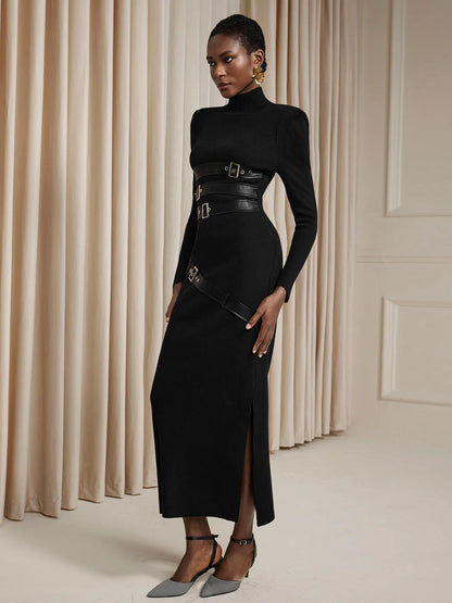 Black Turtleneck Belted Midi Dress with Long Sleeves
