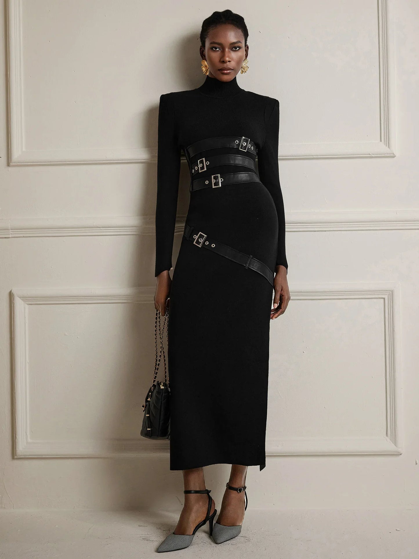Black Turtleneck Belted Midi Dress with Long Sleeves