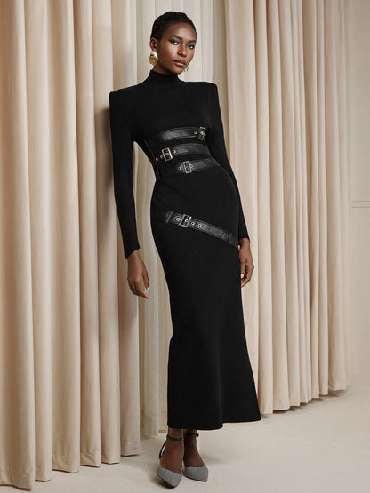 Black Turtleneck Belted Midi Dress with Long Sleeves