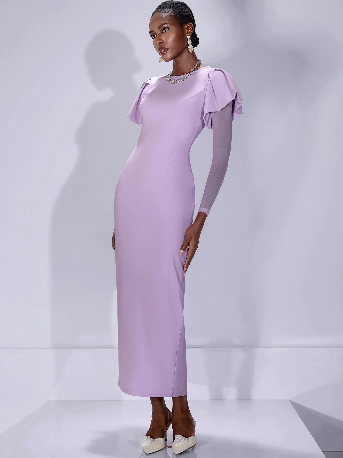 Fitted Ruffle Shoulder Sheer Sleeve Midi Dress