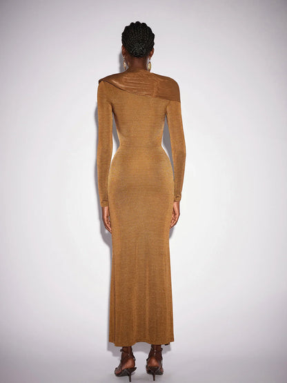 Fitted Shawl Draped Pleated Maxi Dress