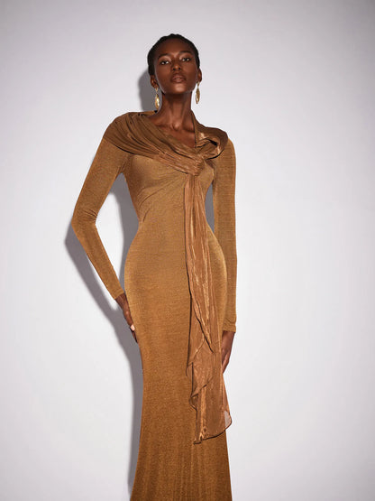 Fitted Shawl Draped Pleated Maxi Dress