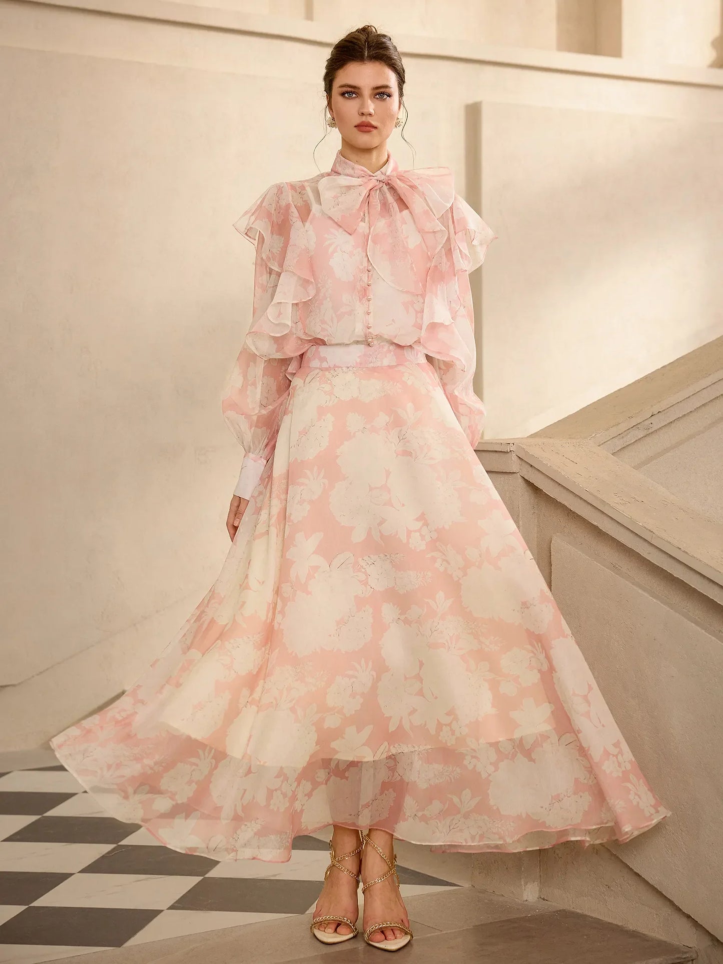 Floral Print Mesh Tie Neck Midi Dress