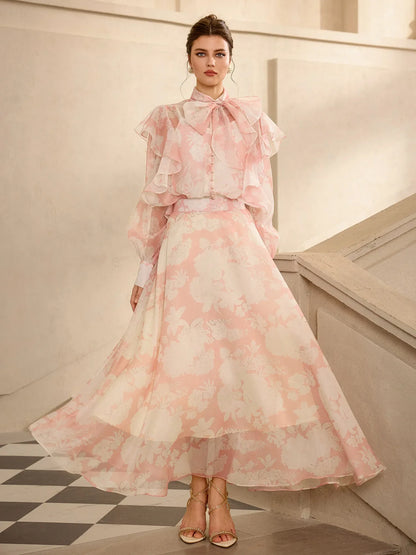 Floral Print Mesh Tie Neck Midi Dress