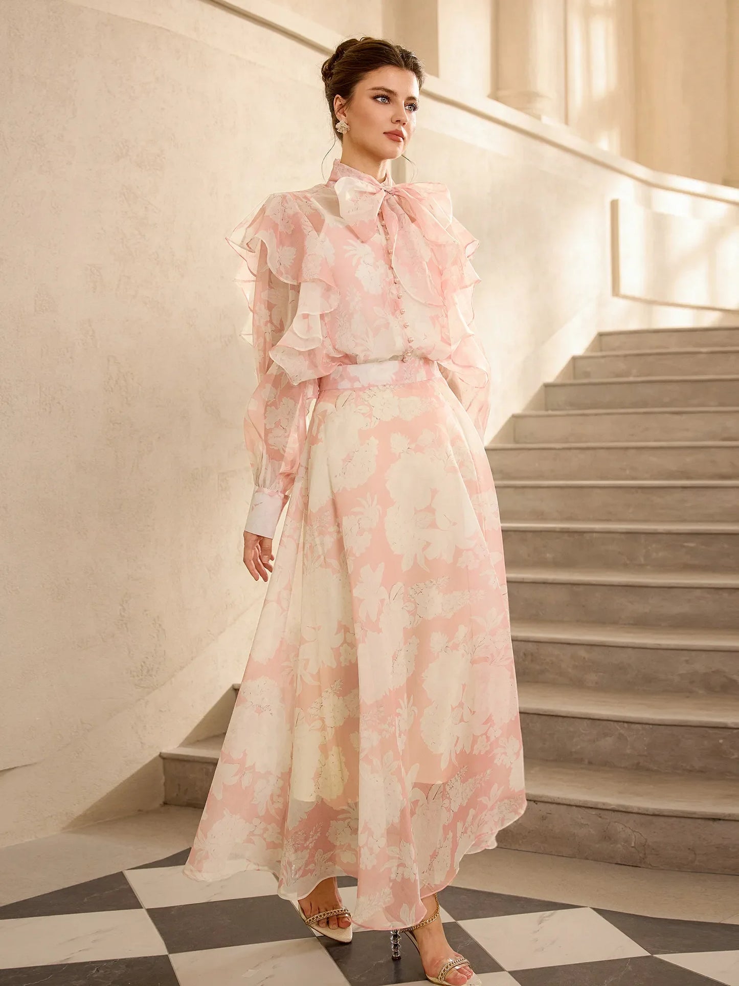 Floral Print Mesh Tie Neck Midi Dress