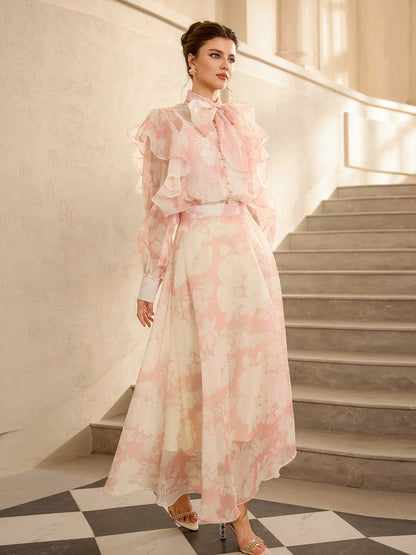Floral Print Mesh Tie Neck Midi Dress