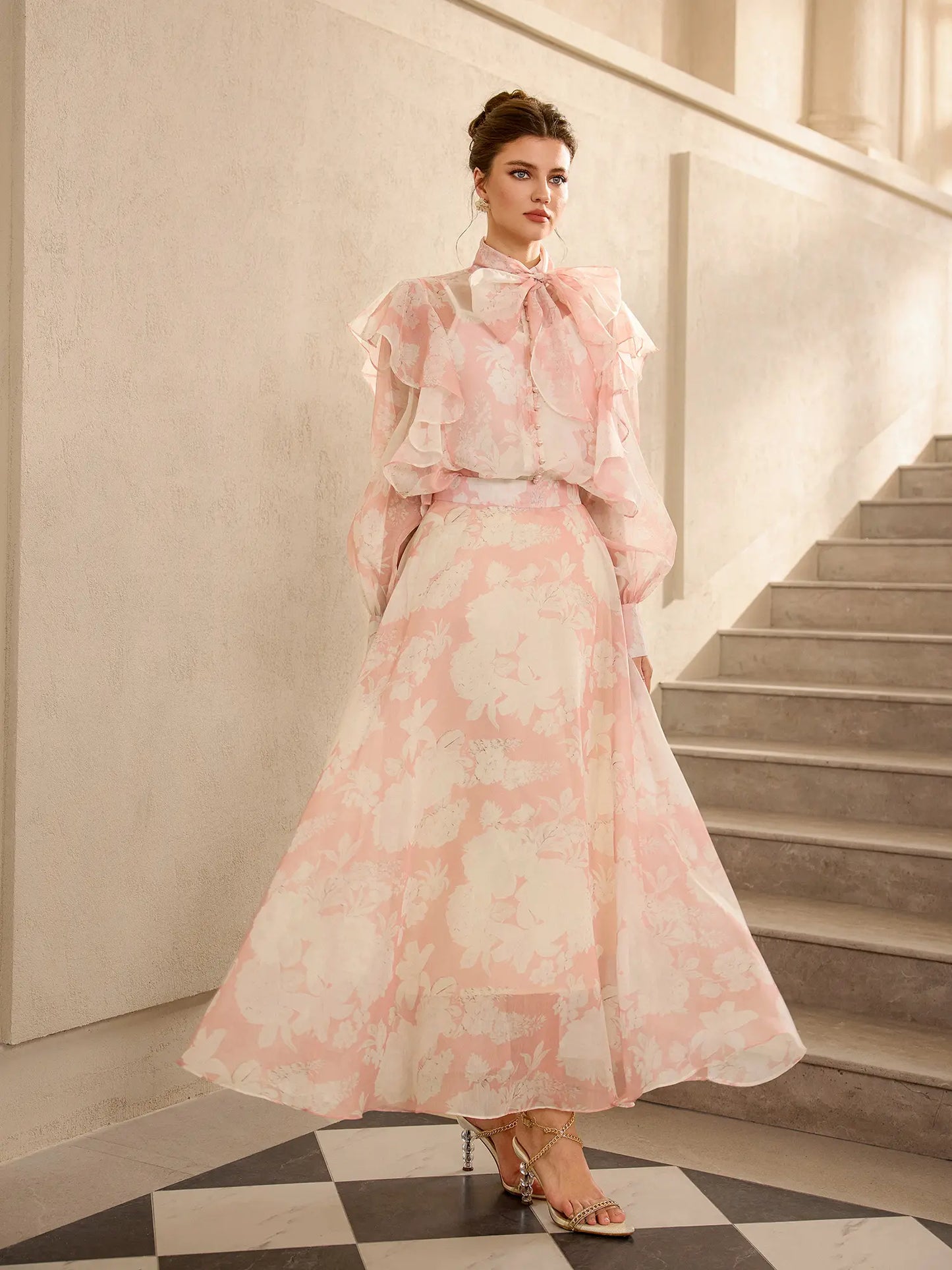 Floral Print Mesh Tie Neck Midi Dress
