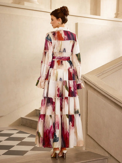 Floral Print Pleated Ruffle Sleeve Maxi Dress
