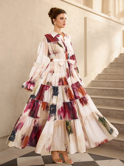 Floral Print Pleated Ruffle Sleeve Maxi Dress