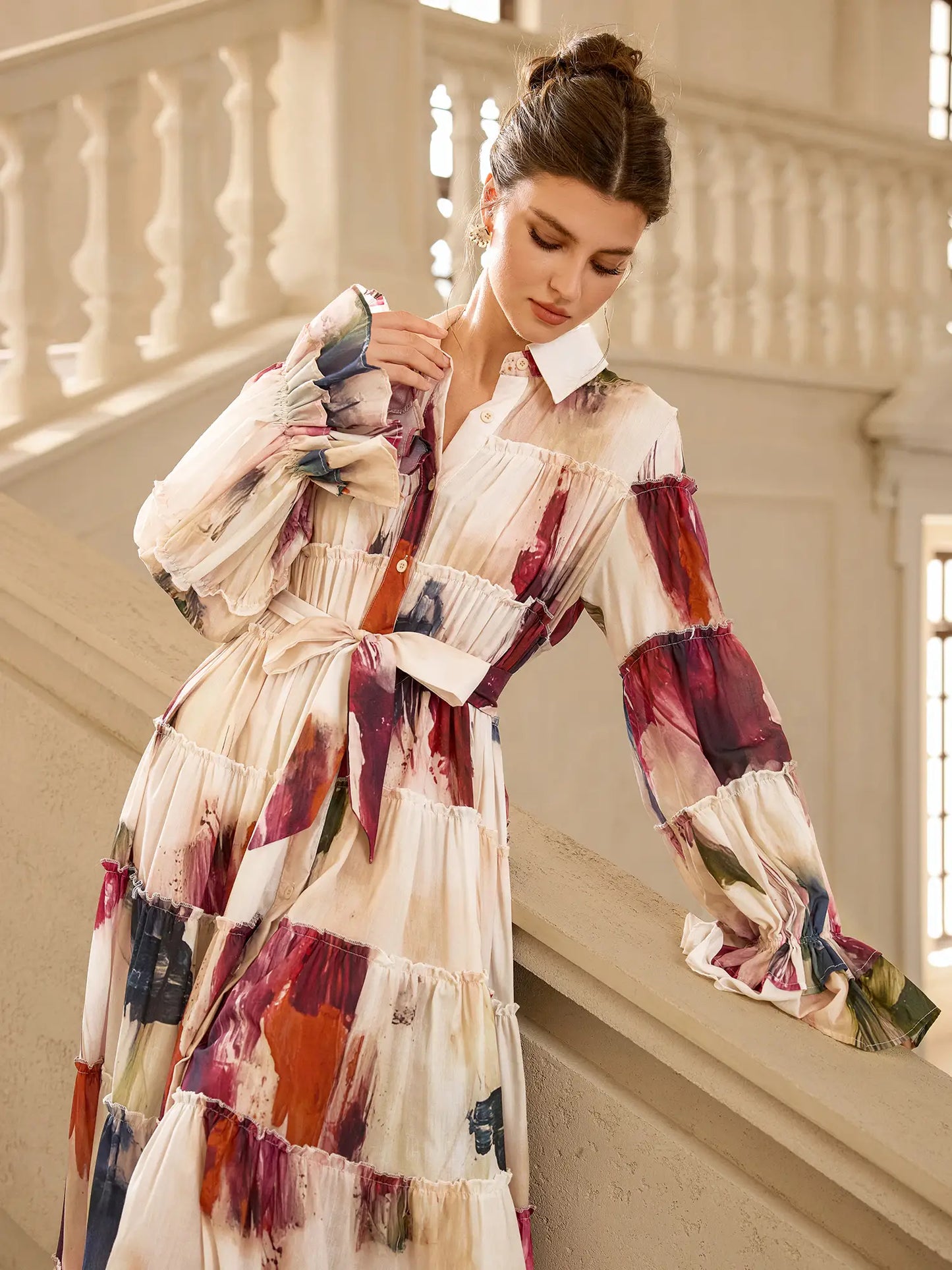 Floral Print Pleated Ruffle Sleeve Maxi Dress