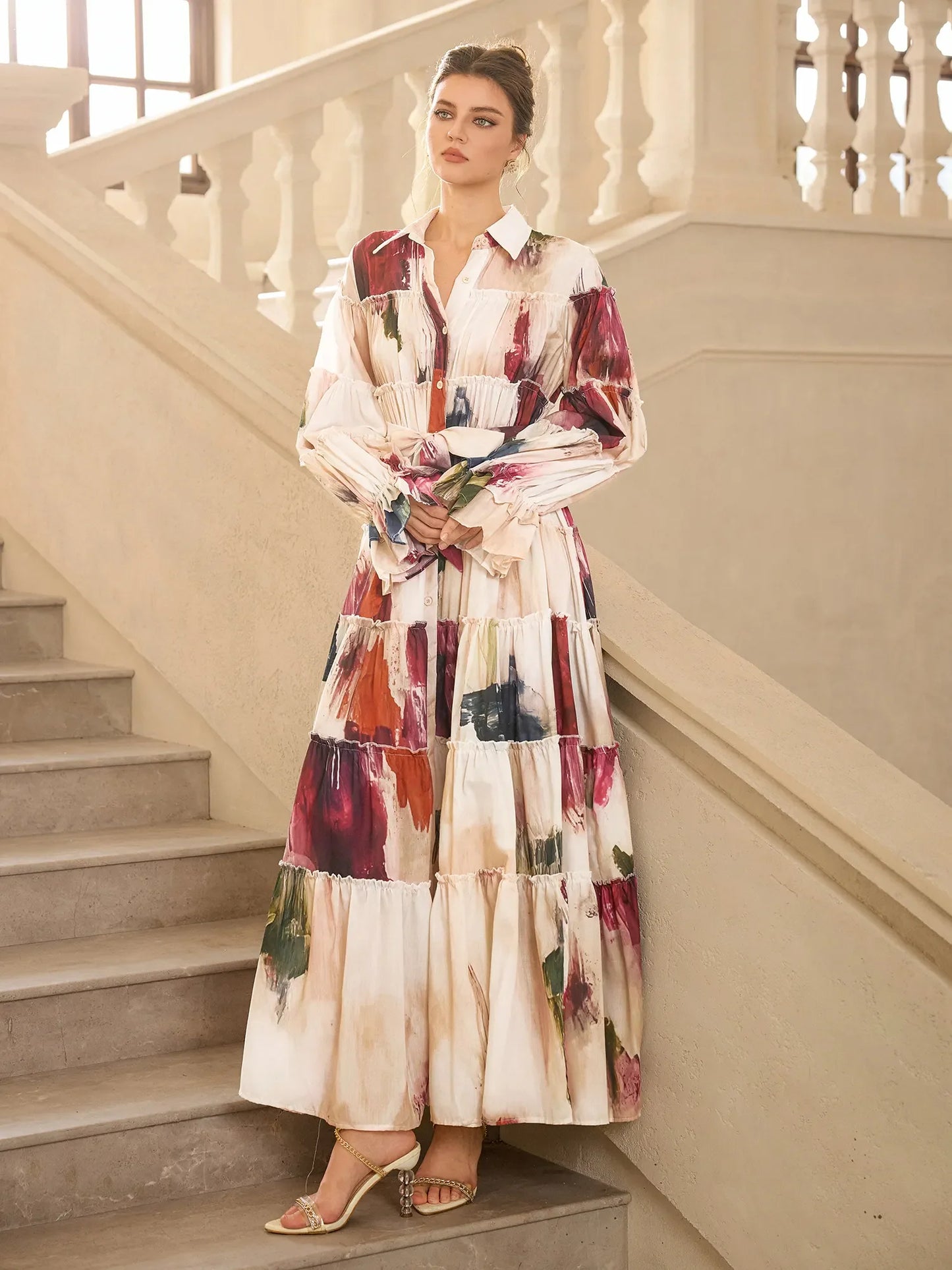 Floral Print Pleated Ruffle Sleeve Maxi Dress