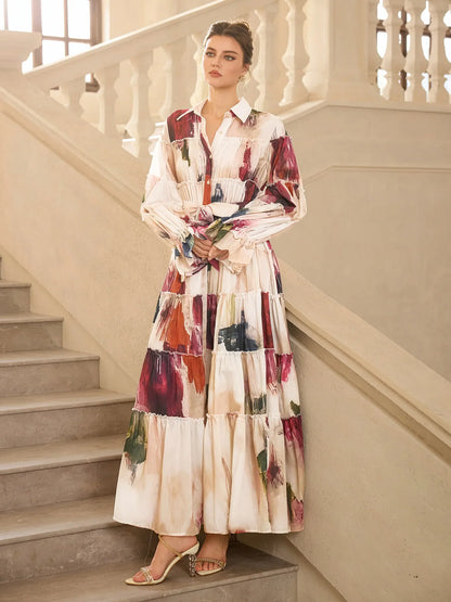 Floral Print Pleated Ruffle Sleeve Maxi Dress