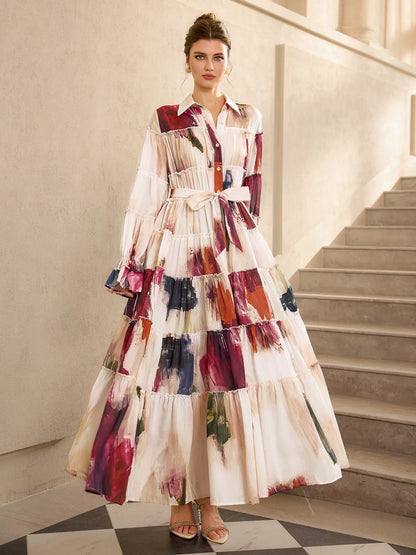 Floral Print Pleated Ruffle Sleeve Maxi Dress