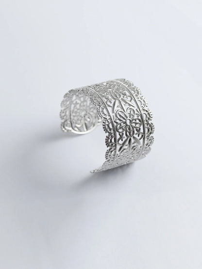 Silver Vintage Flower Cuff Bangle Bracelet