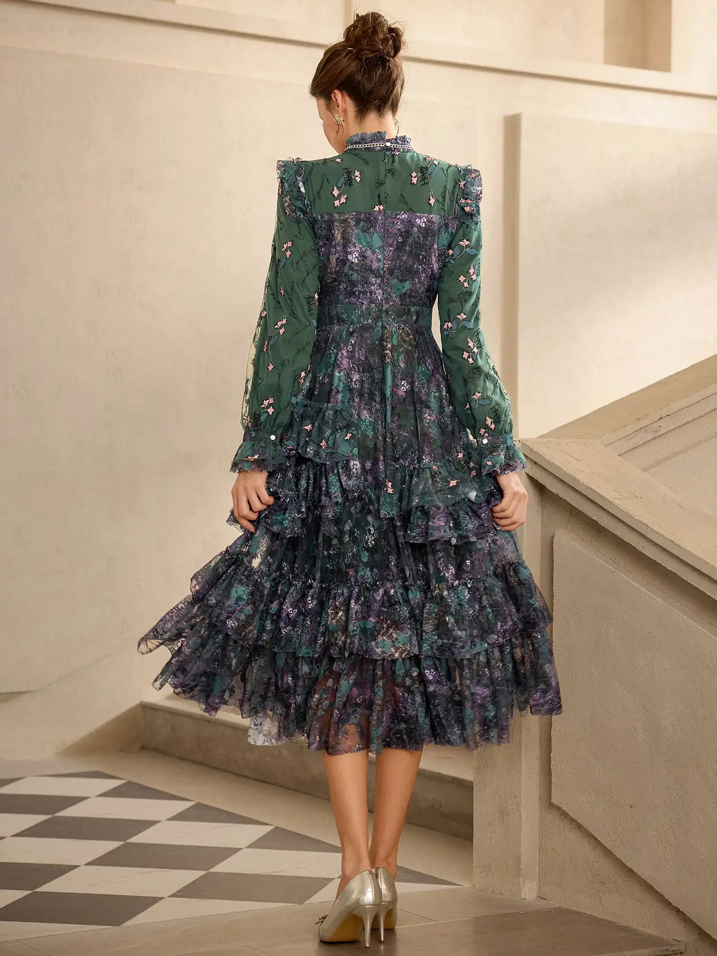 Green Floral Pleated Midi Dress