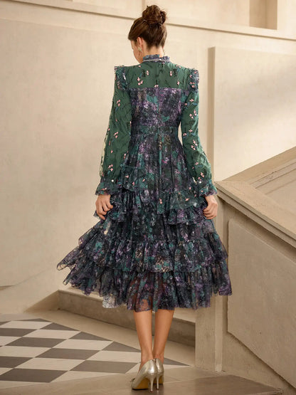 Green Floral Pleated Midi Dress