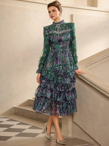 Green Floral Pleated Midi Dress
