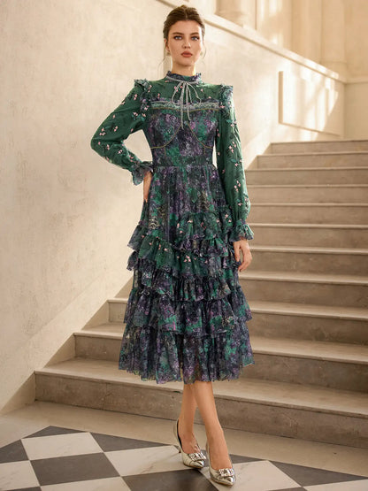 Green Floral Pleated Midi Dress