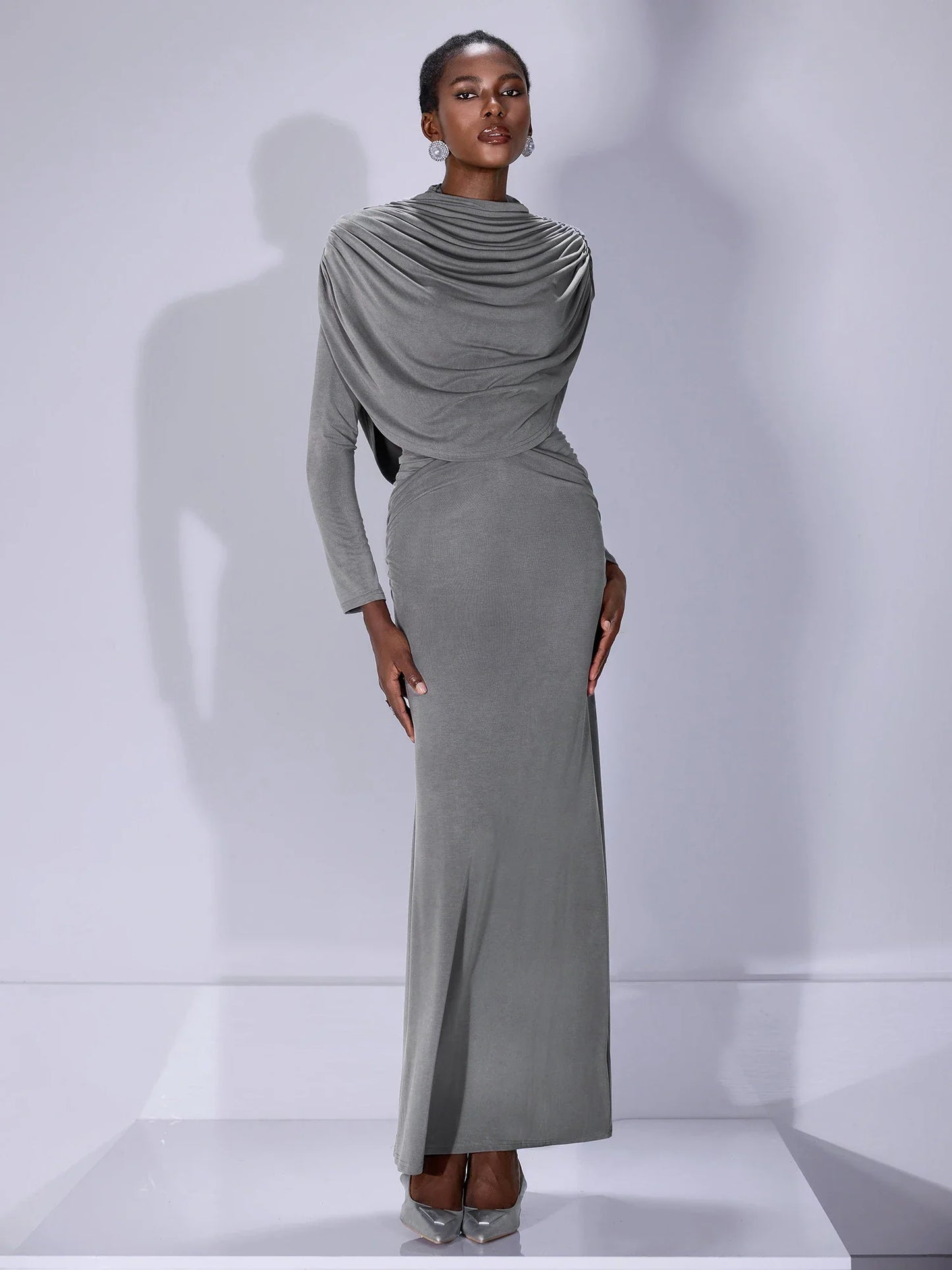High Neck Ruched Bodycon Maxi Dress