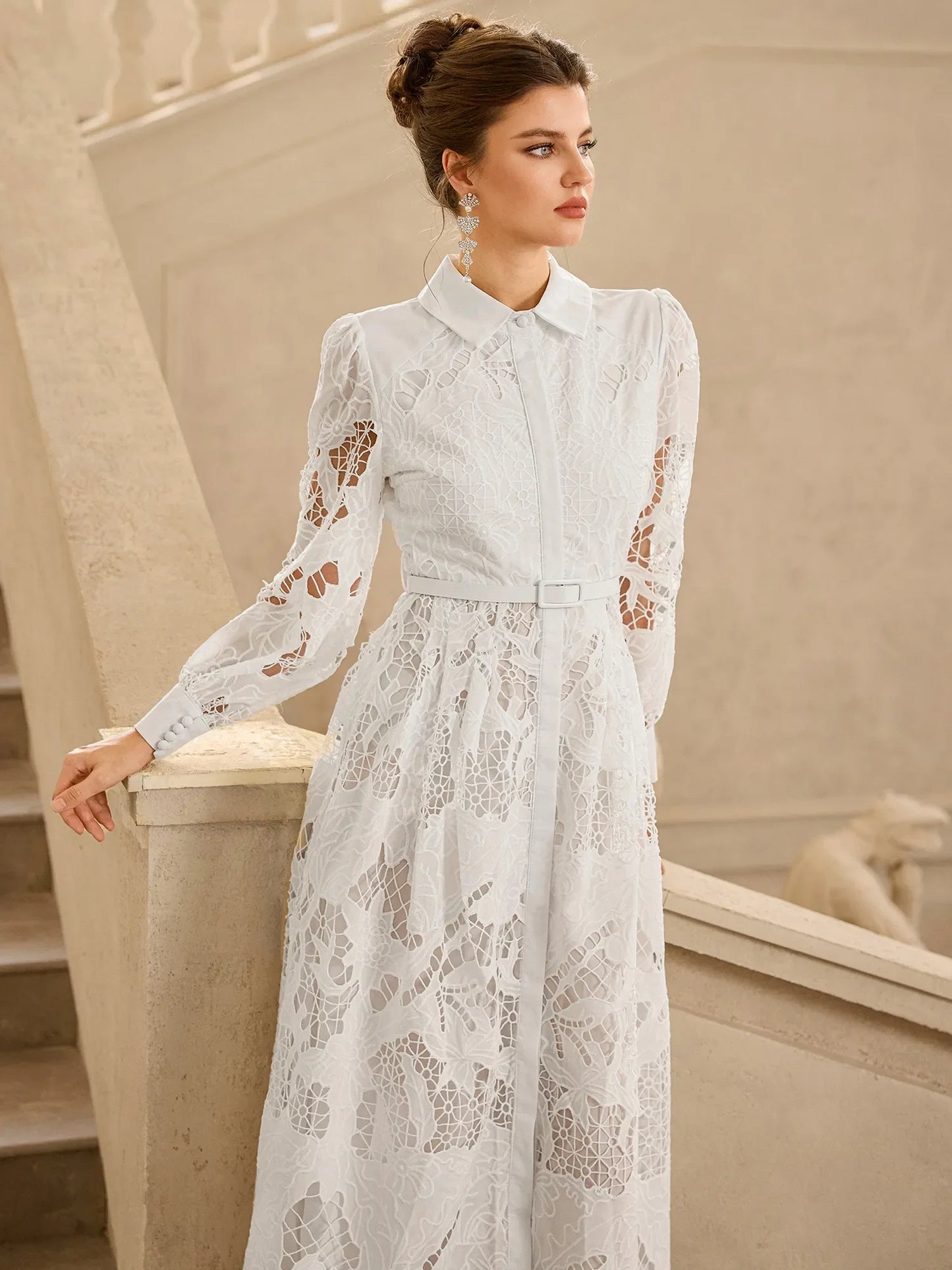 Hollow Lace Long Sleeve Midi Dress