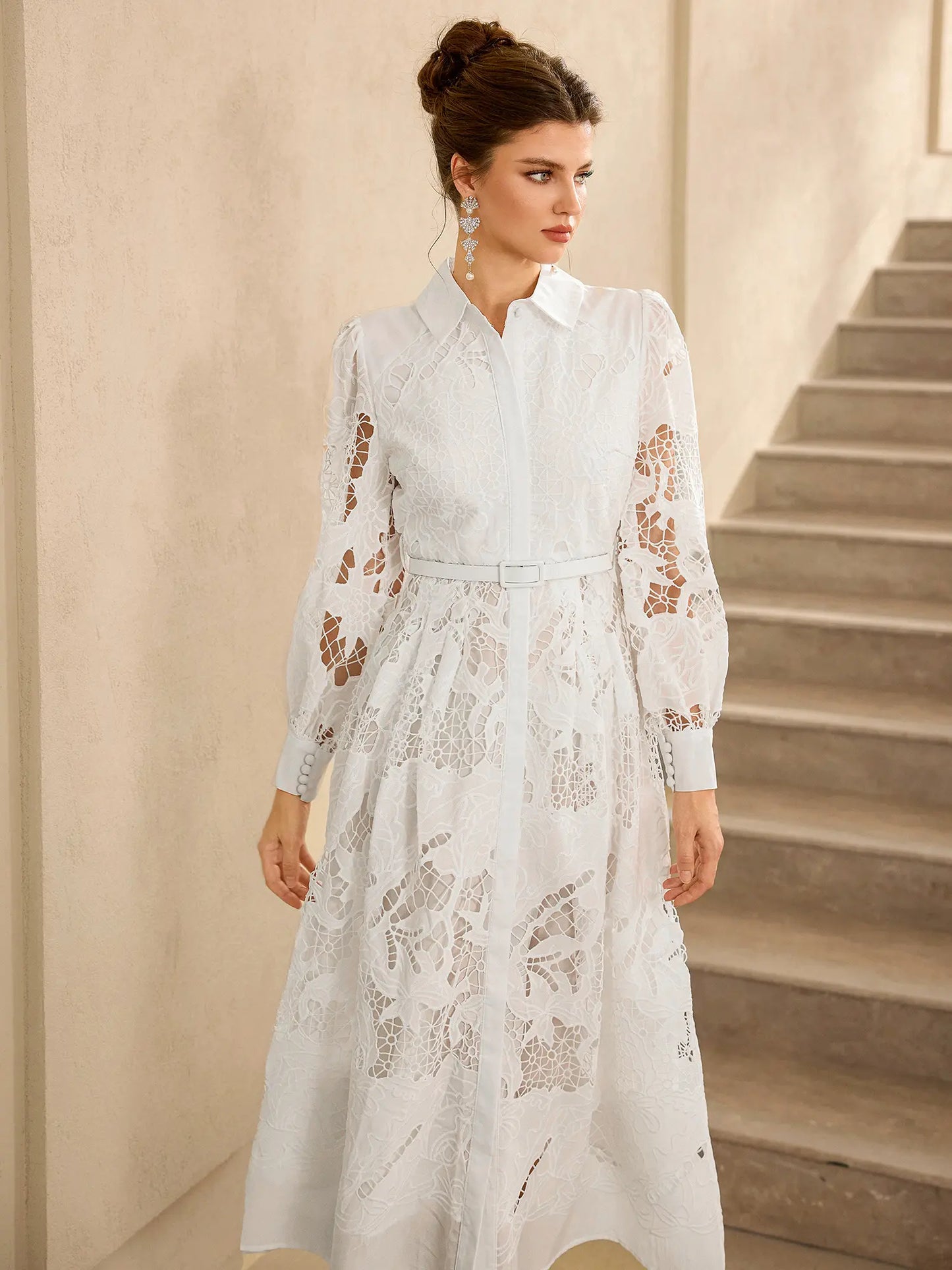 Hollow Lace Long Sleeve Midi Dress
