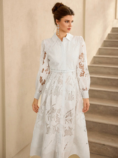 Hollow Lace Long Sleeve Midi Dress