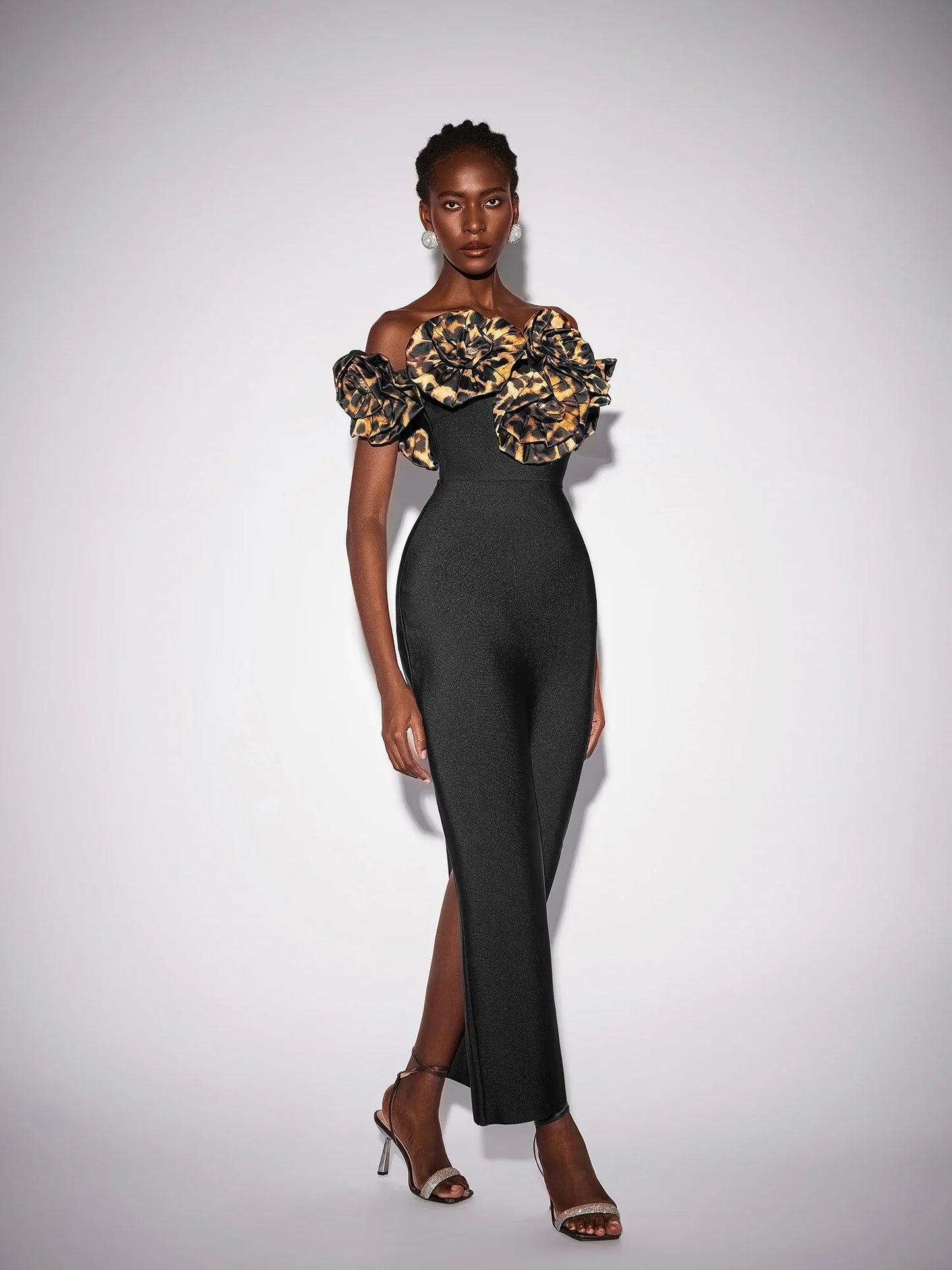 Leopard Floral Rhinestone Bodycon Maxi Dress