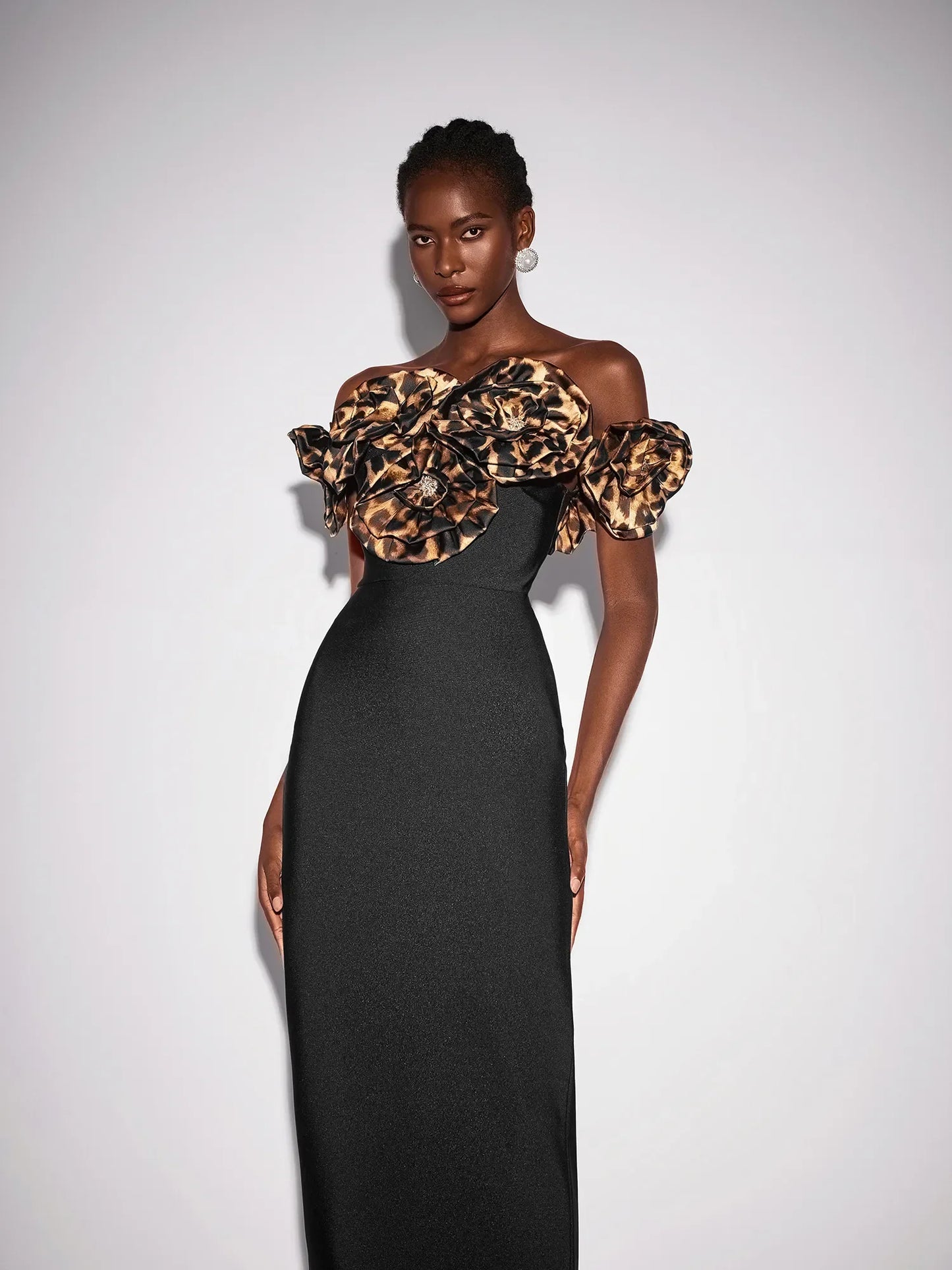 Leopard Floral Rhinestone Bodycon Maxi Dress