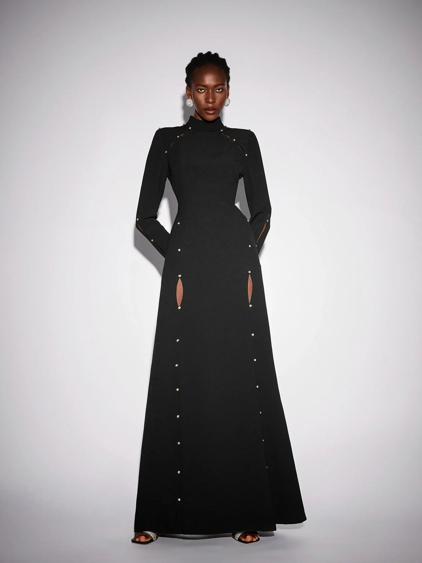 Black Long Sleeve Beaded Maxi Dress
