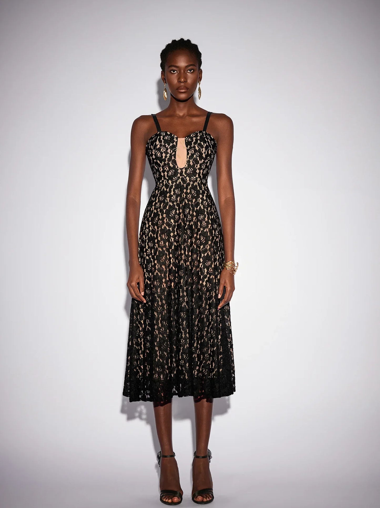 Black Mesh Patchwork Camisole Midi Dress