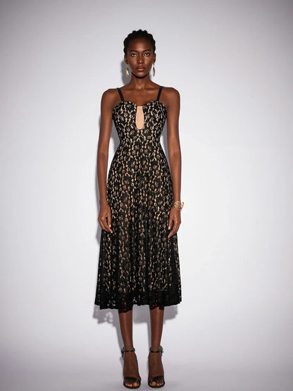 Black Mesh Patchwork Camisole Midi Dress