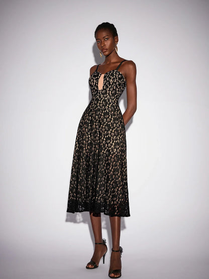 Black Mesh Patchwork Camisole Midi Dress