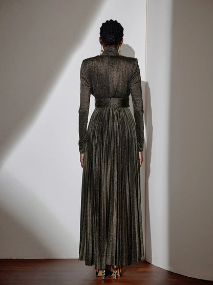 Metallic Pleated High-Neck Maxi Dress