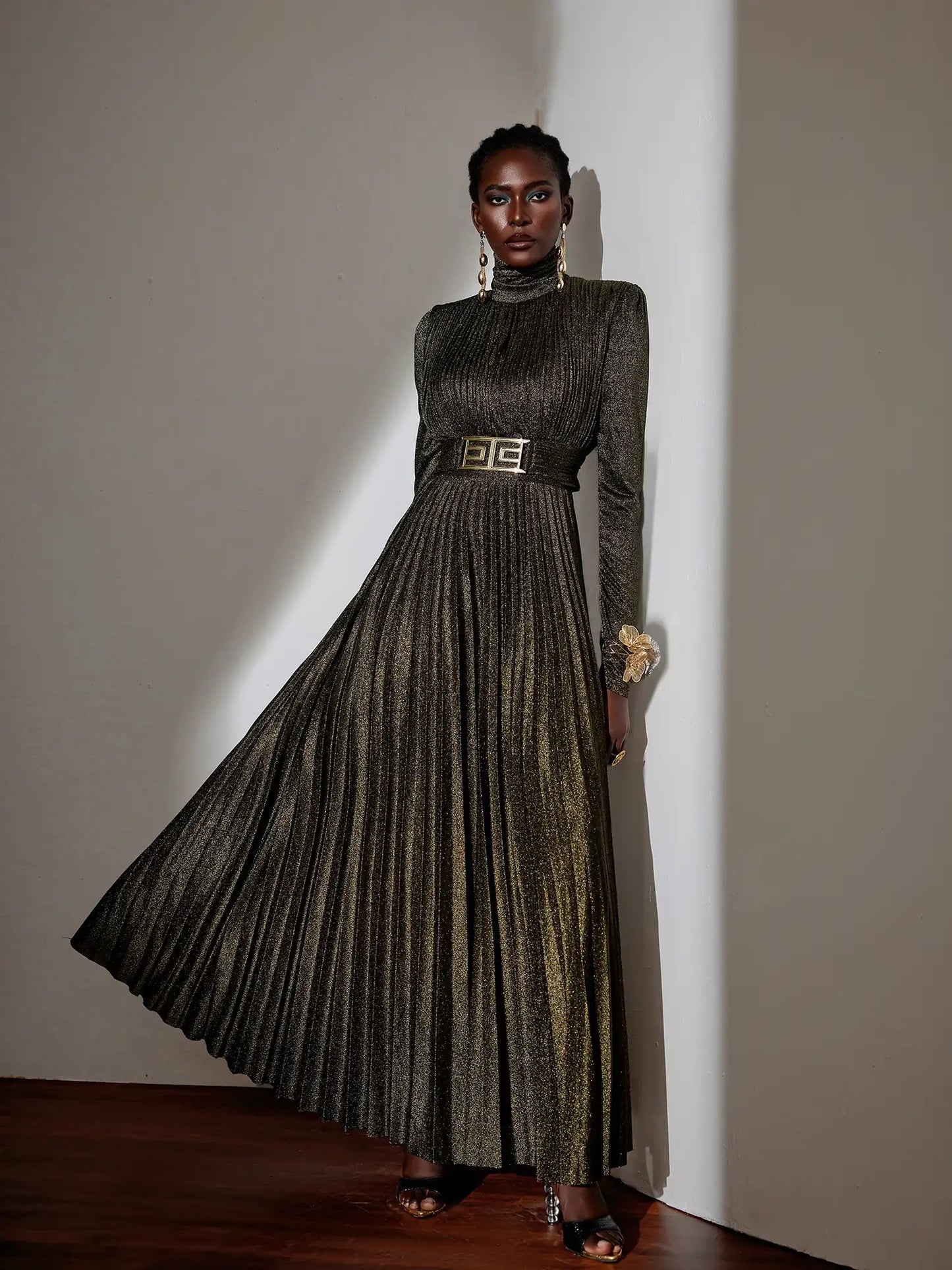 Metallic Pleated High-Neck Maxi Dress