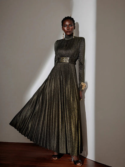 Metallic Pleated High-Neck Maxi Dress