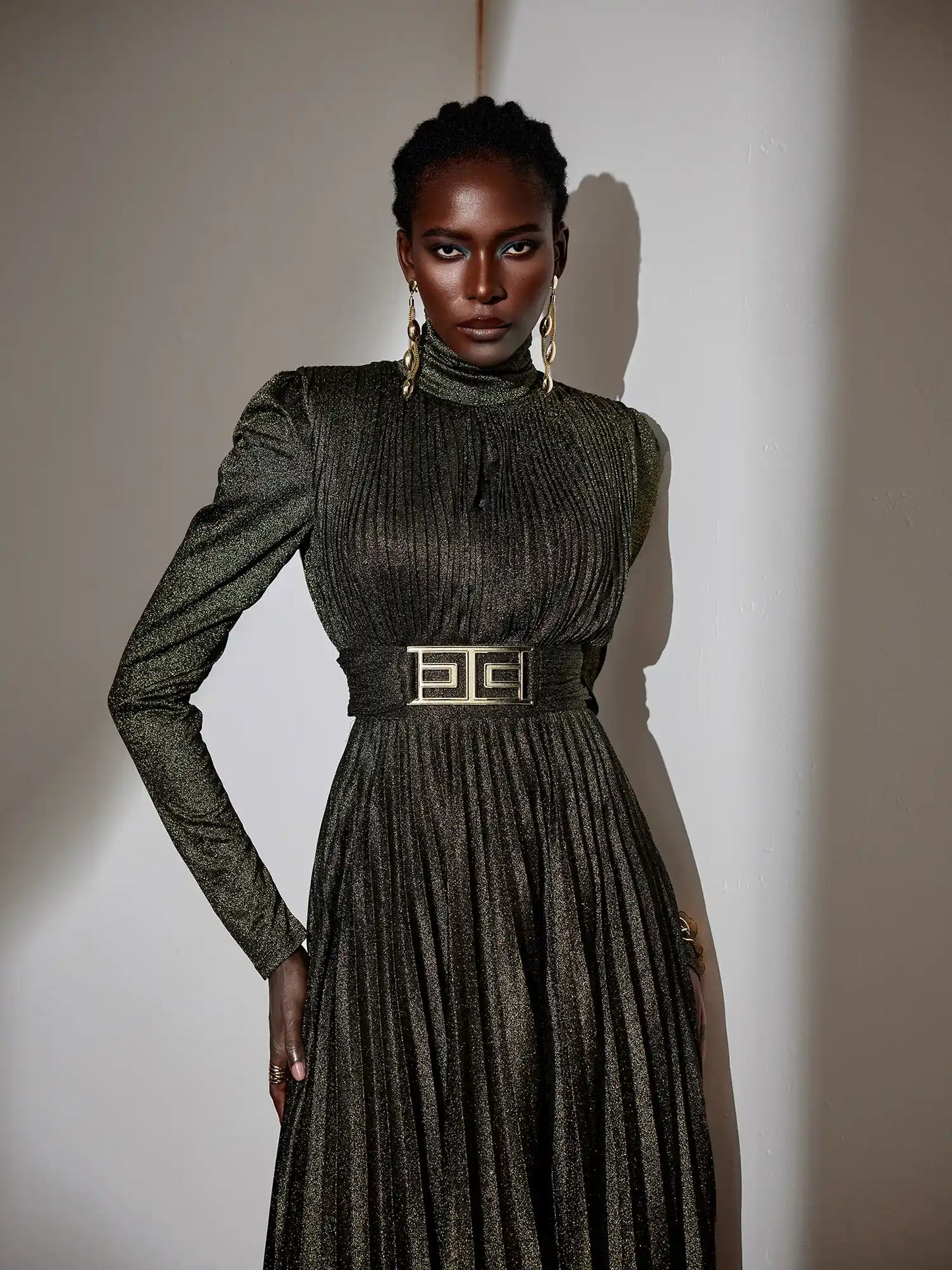 Metallic Pleated High-Neck Maxi Dress