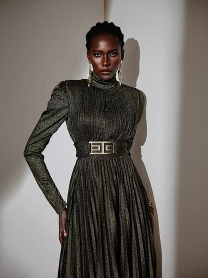 Metallic Pleated High-Neck Maxi Dress